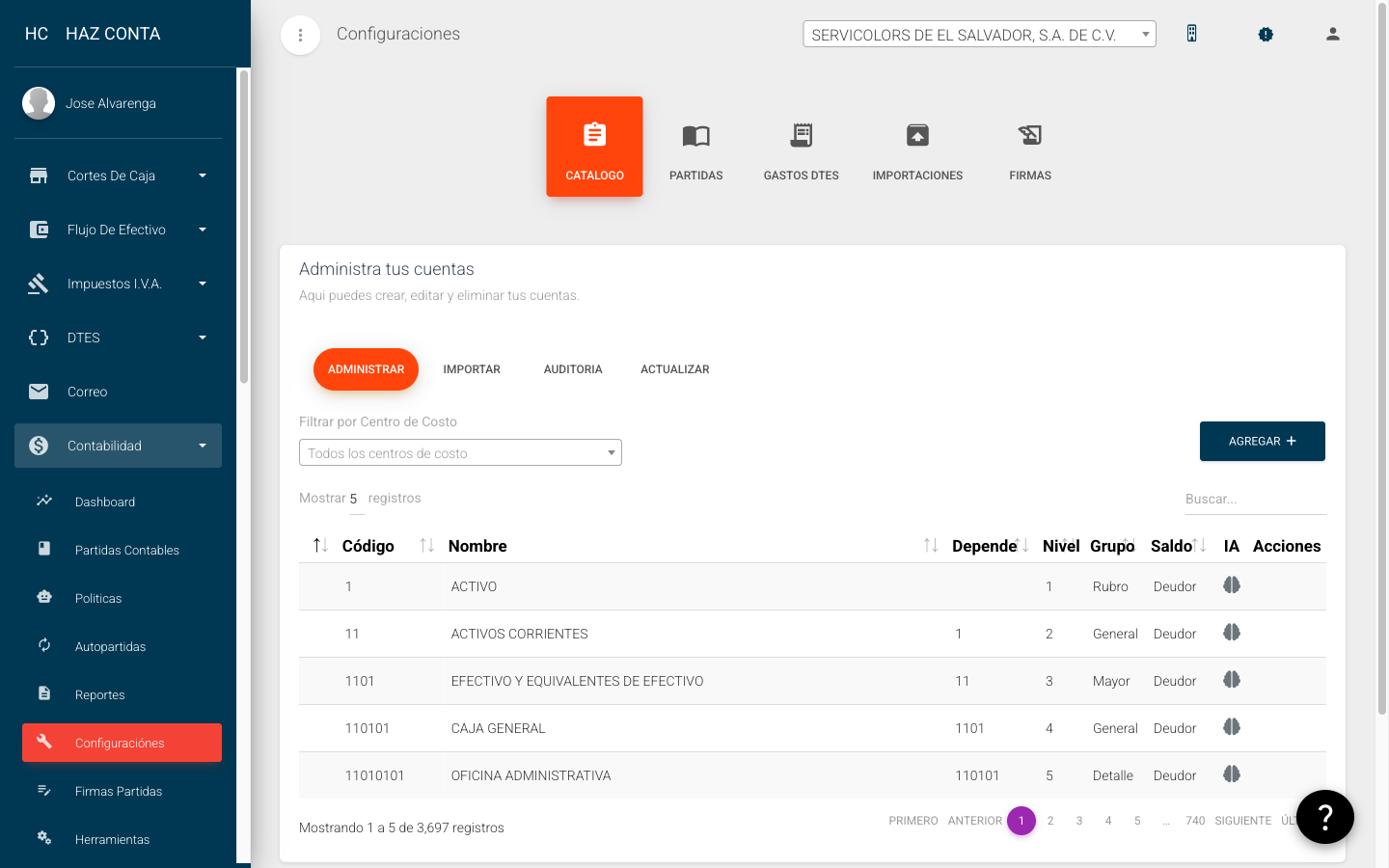 Configuración contable - pestaña Catálogo