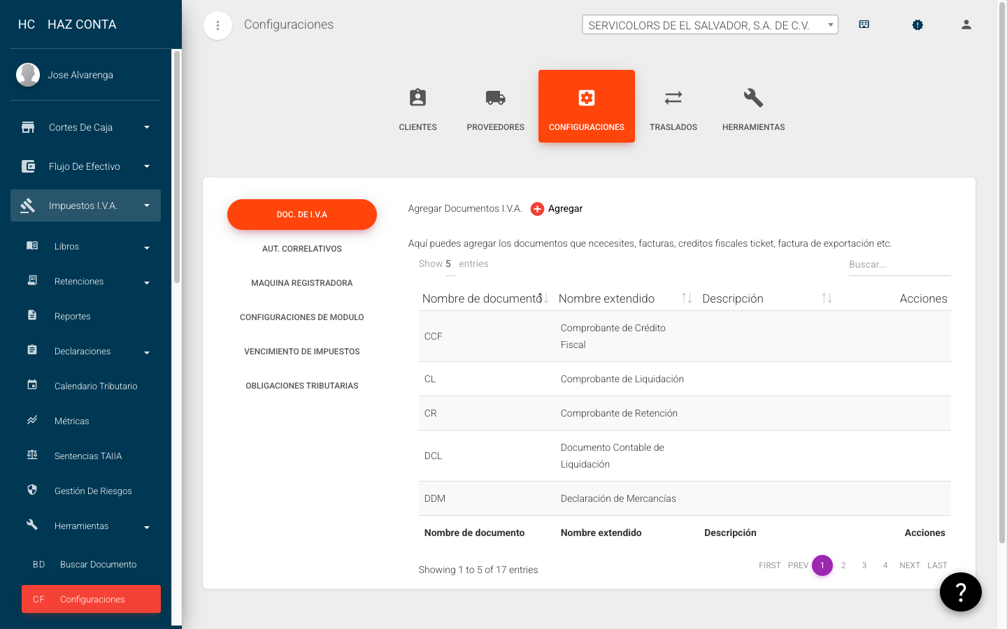 Pantalla de configuraciones del módulo IVA