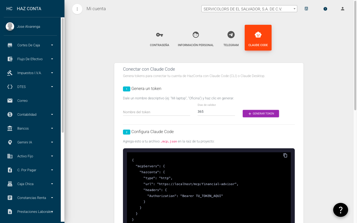 Perfil - pestaña Claude Code con generador de tokens