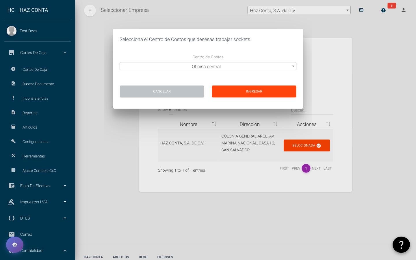 Diálogo de selección de centro de costos