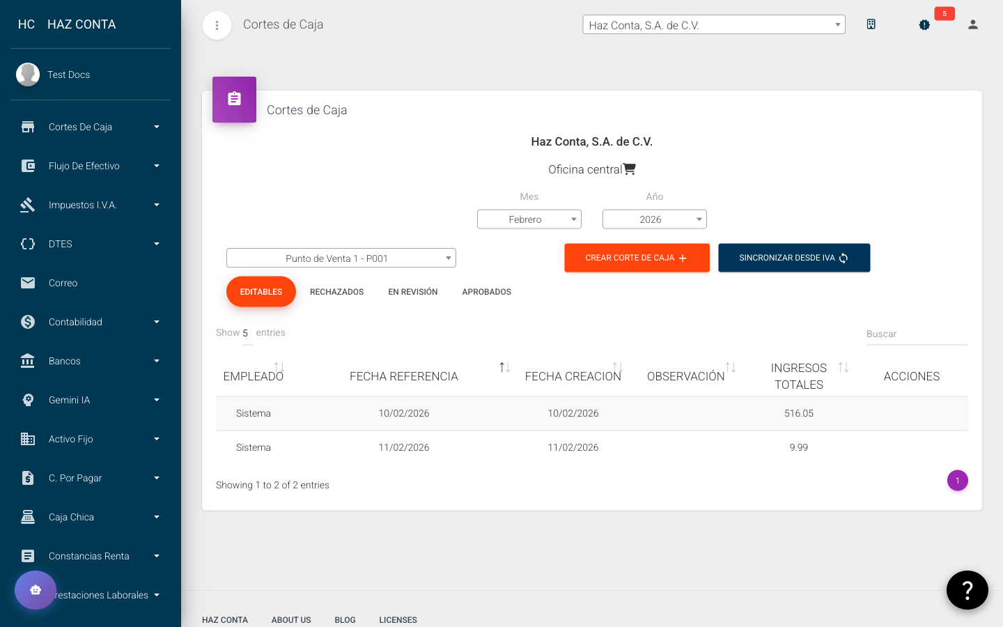 Vista principal con filtros, botones de acción y listado de cortes