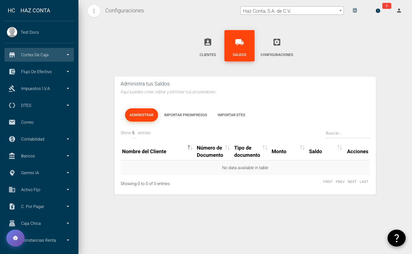 Saldos - Administrar: tabla con nombre del cliente, documento, tipo, monto y saldo