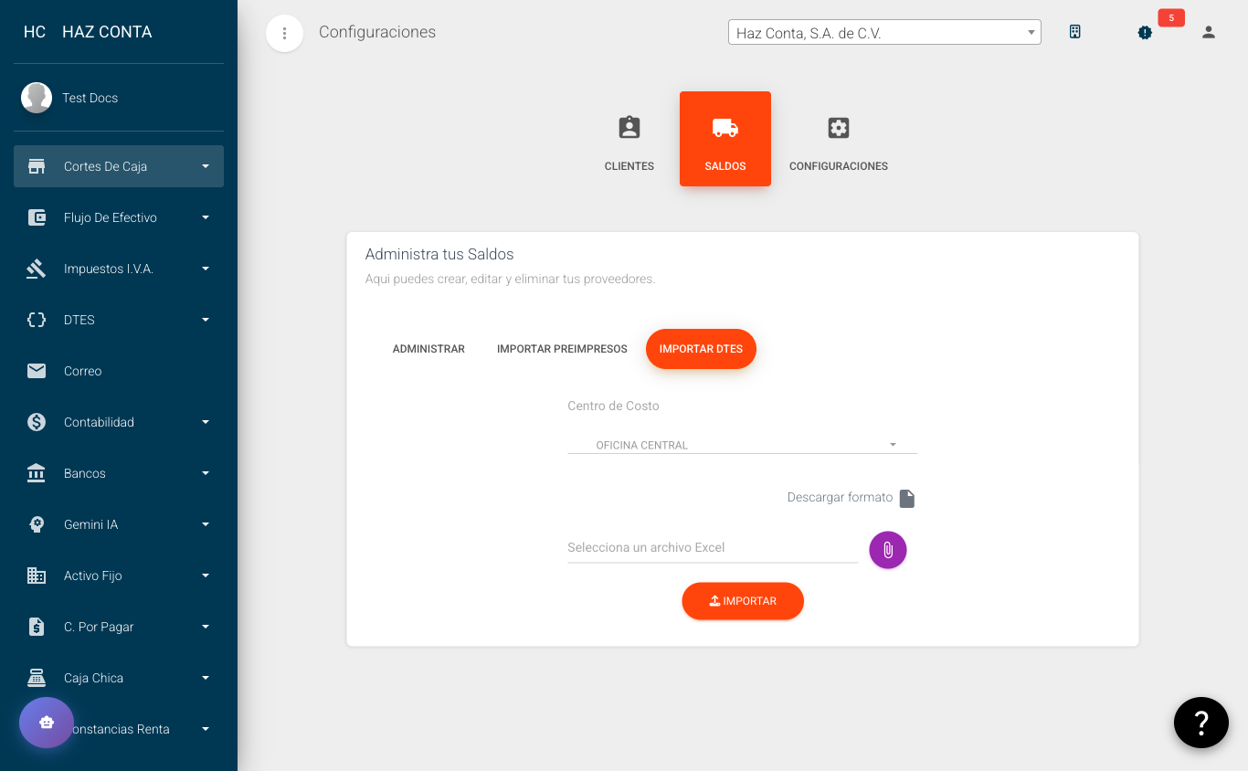 Saldos - Importar DTEs: seleccionar centro de costo, descargar formato y subir archivo