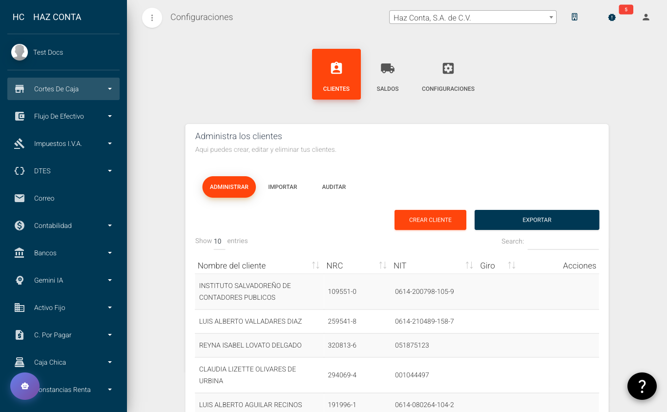 Pestaña Clientes - listado con NRC, NIT y acciones