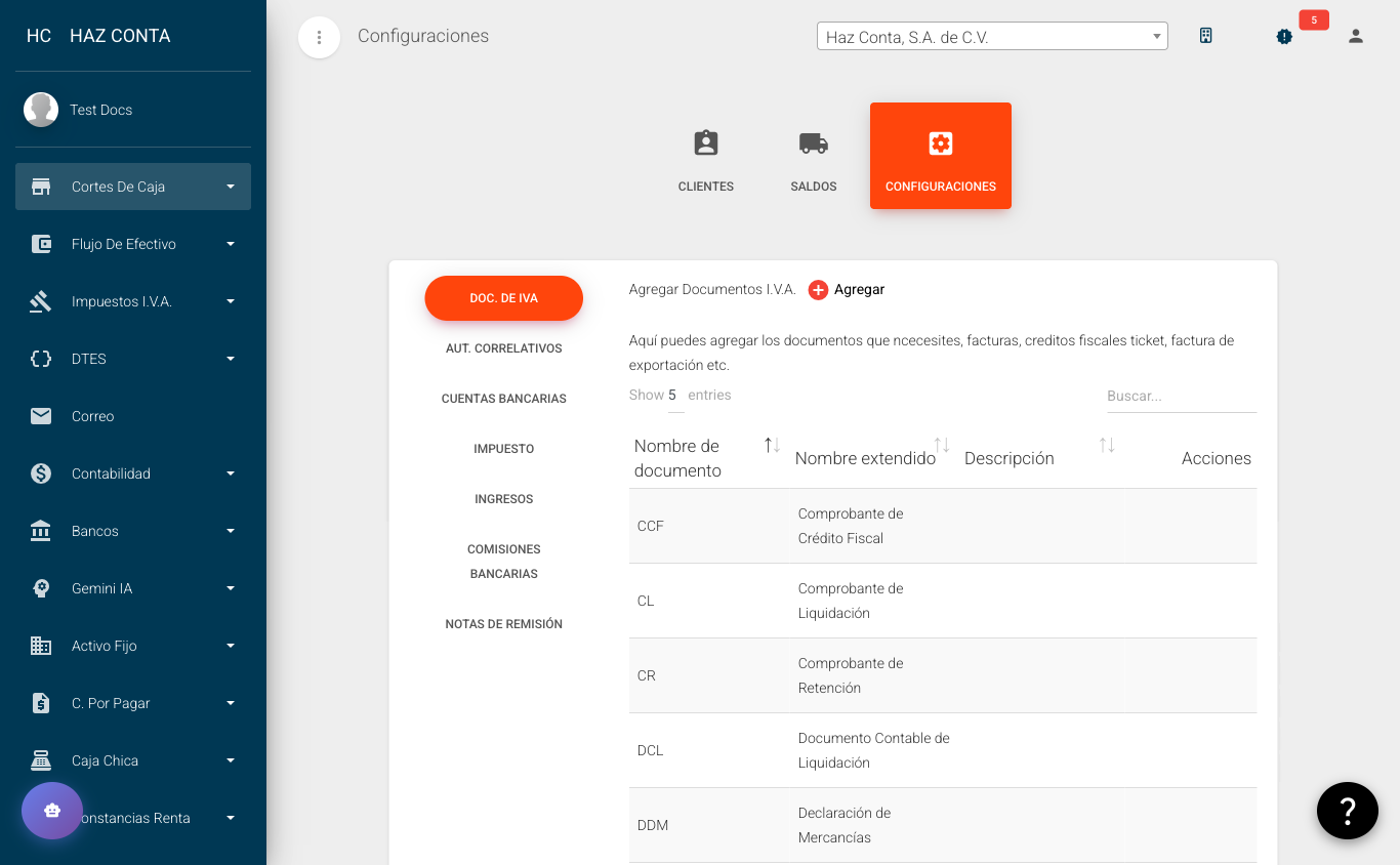Configuraciones - Doc. de IVA: tabla con CCF, CL, CR, DCL, DDM