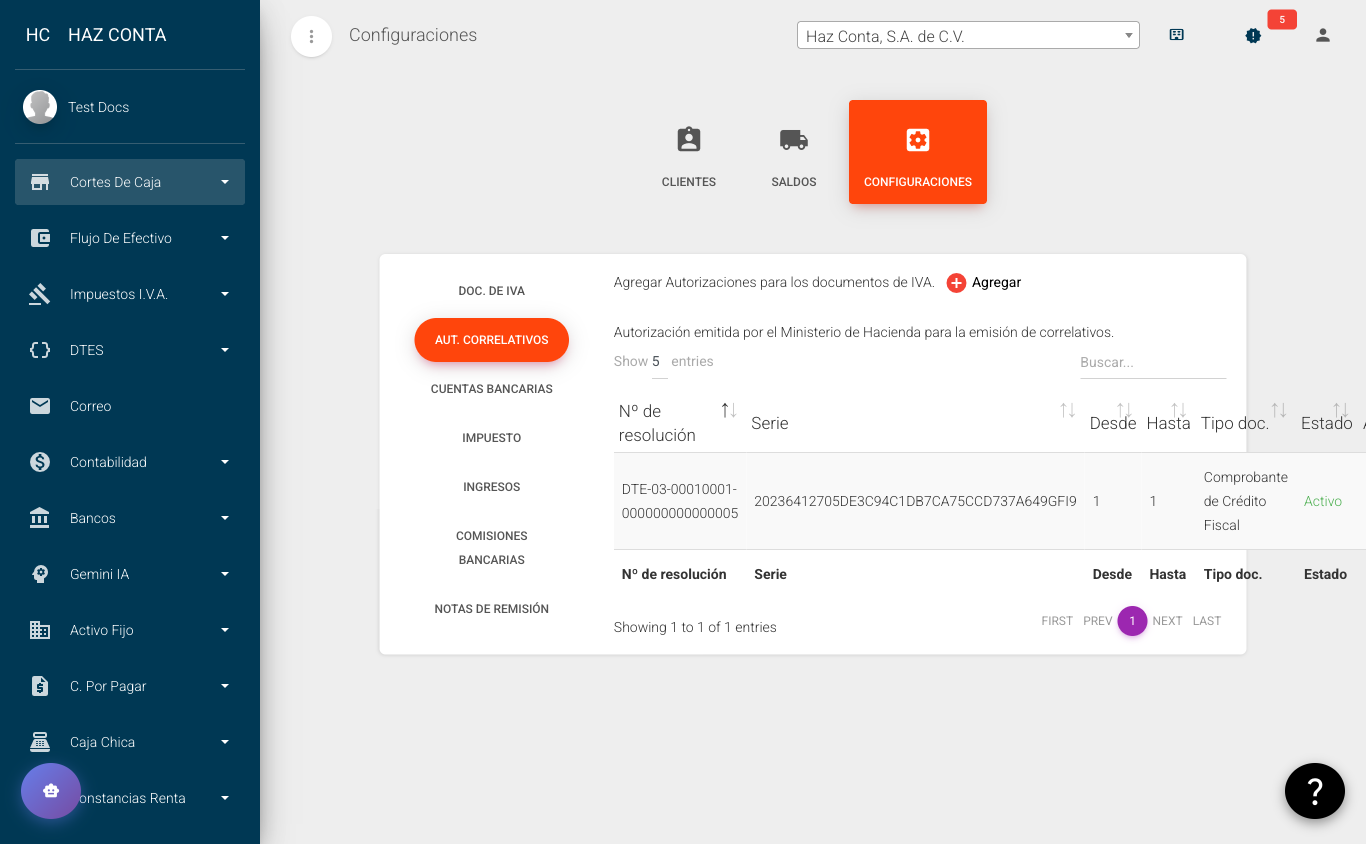 Configuraciones - Aut. Correlativos: resolución, serie, rango de correlativos, tipo y estado