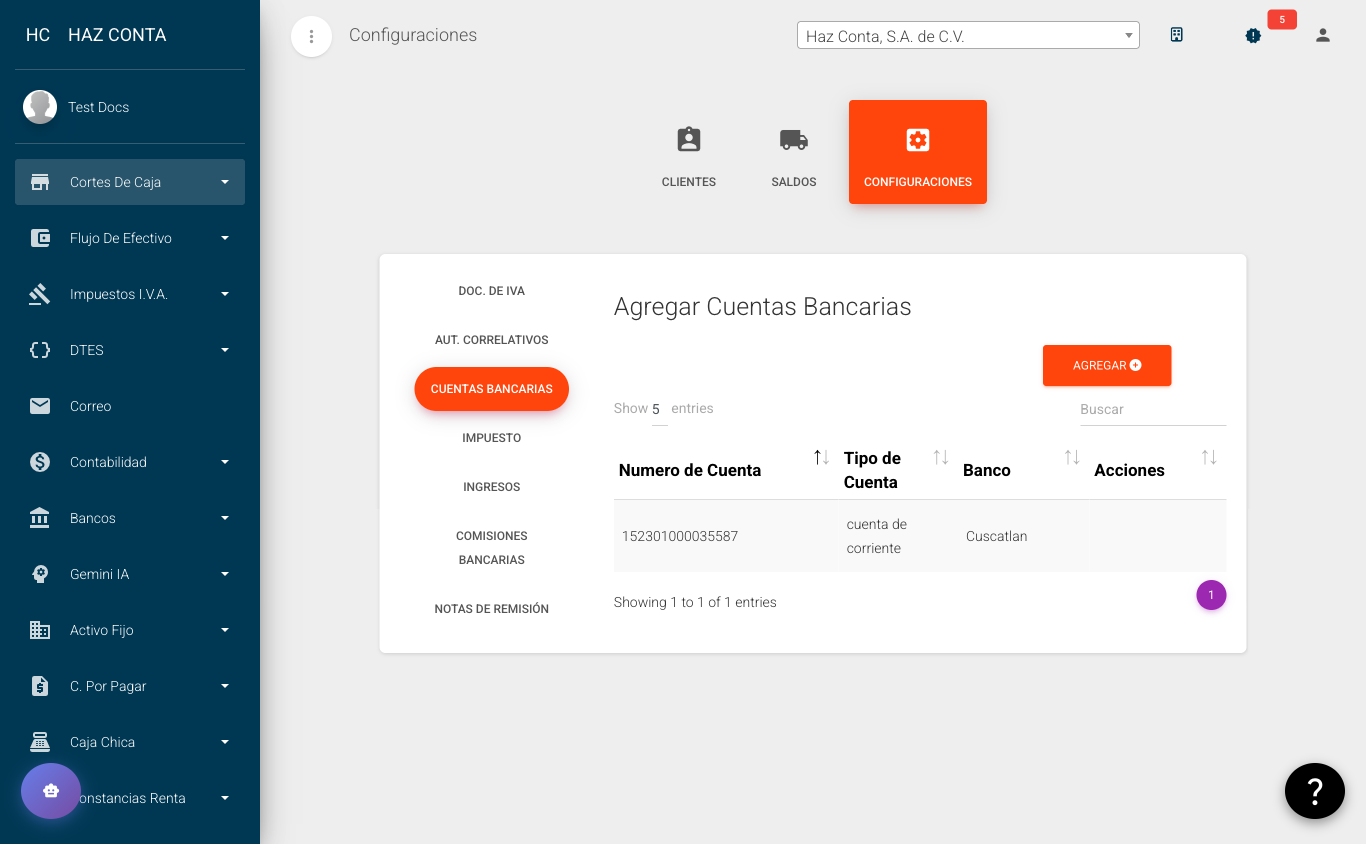 Configuraciones - Cuentas Bancarias: número de cuenta, tipo y banco