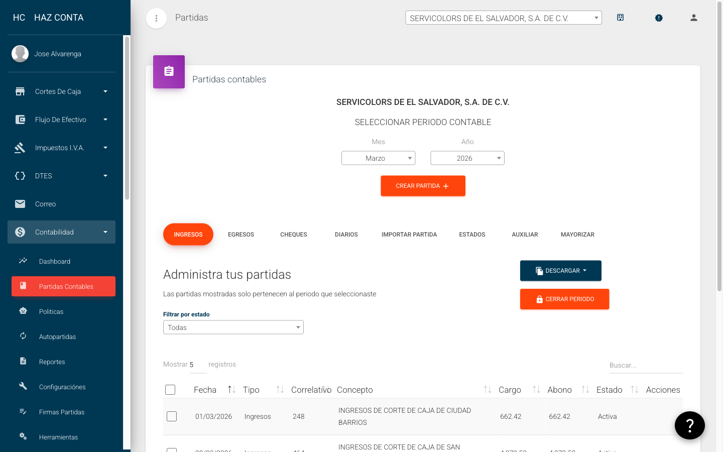 Pantalla de partidas contables