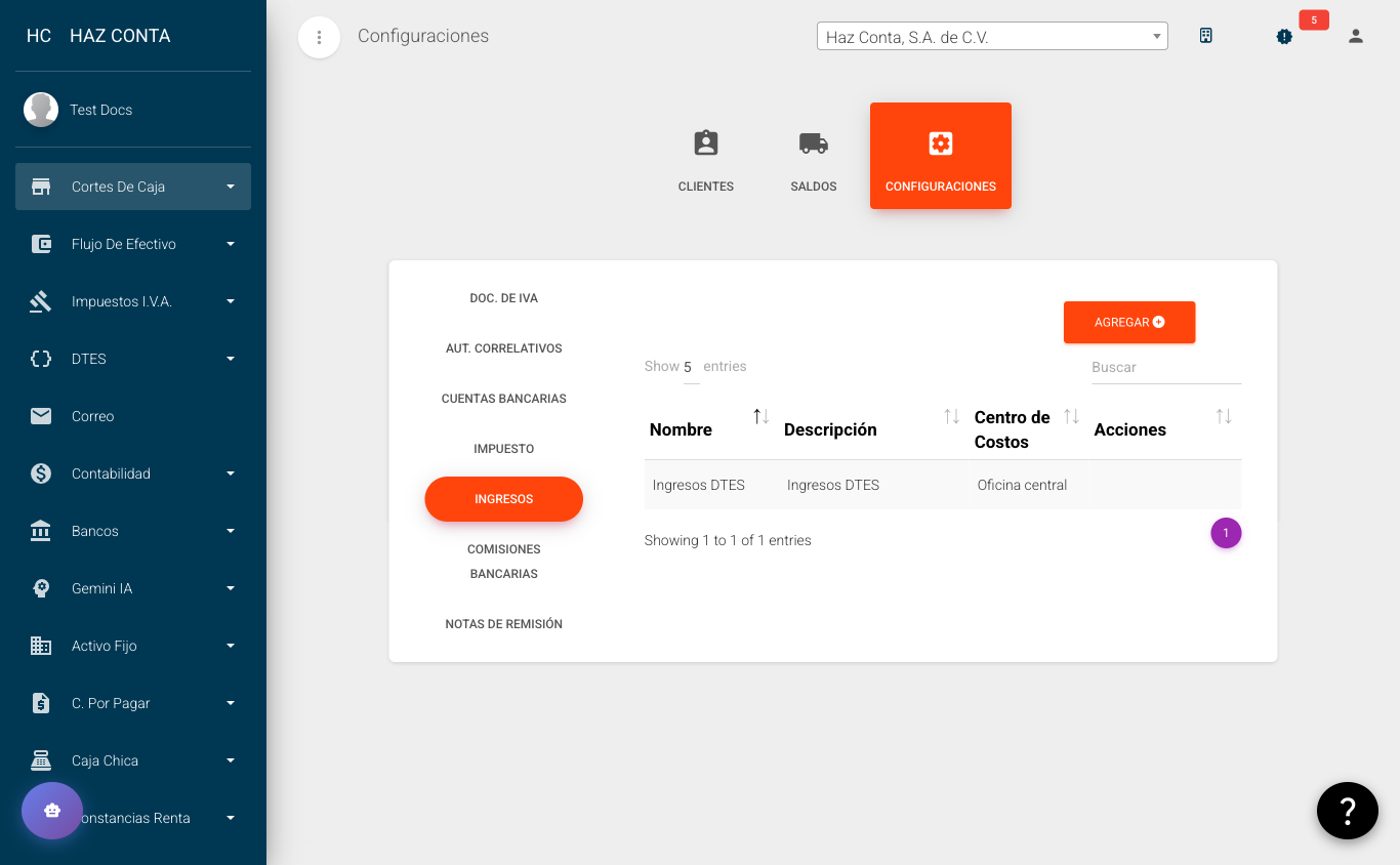 Configuraciones - Ingresos: nombre, descripción y centro de costos