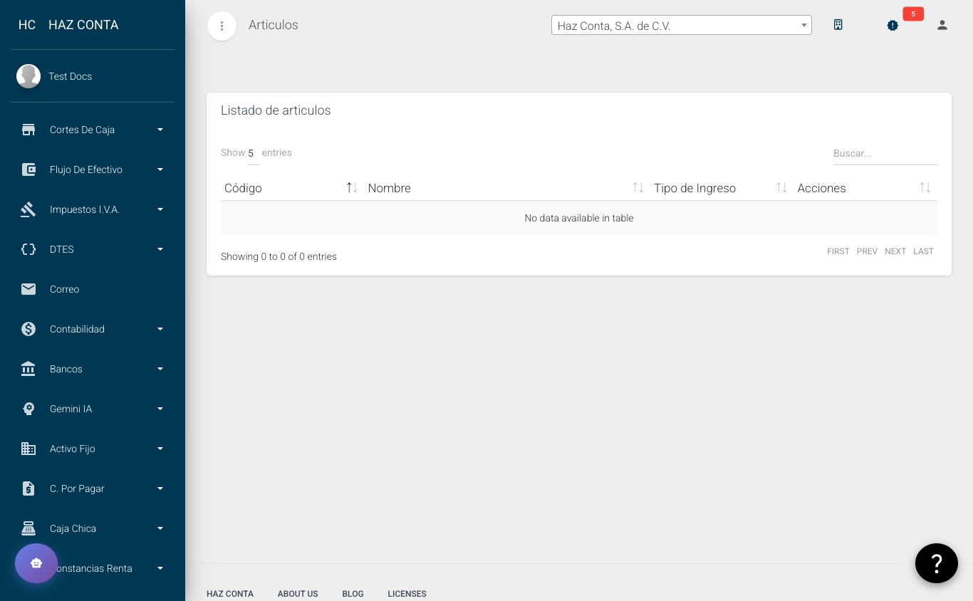 Listado de artículos con código, nombre, tipo de ingreso y acciones
