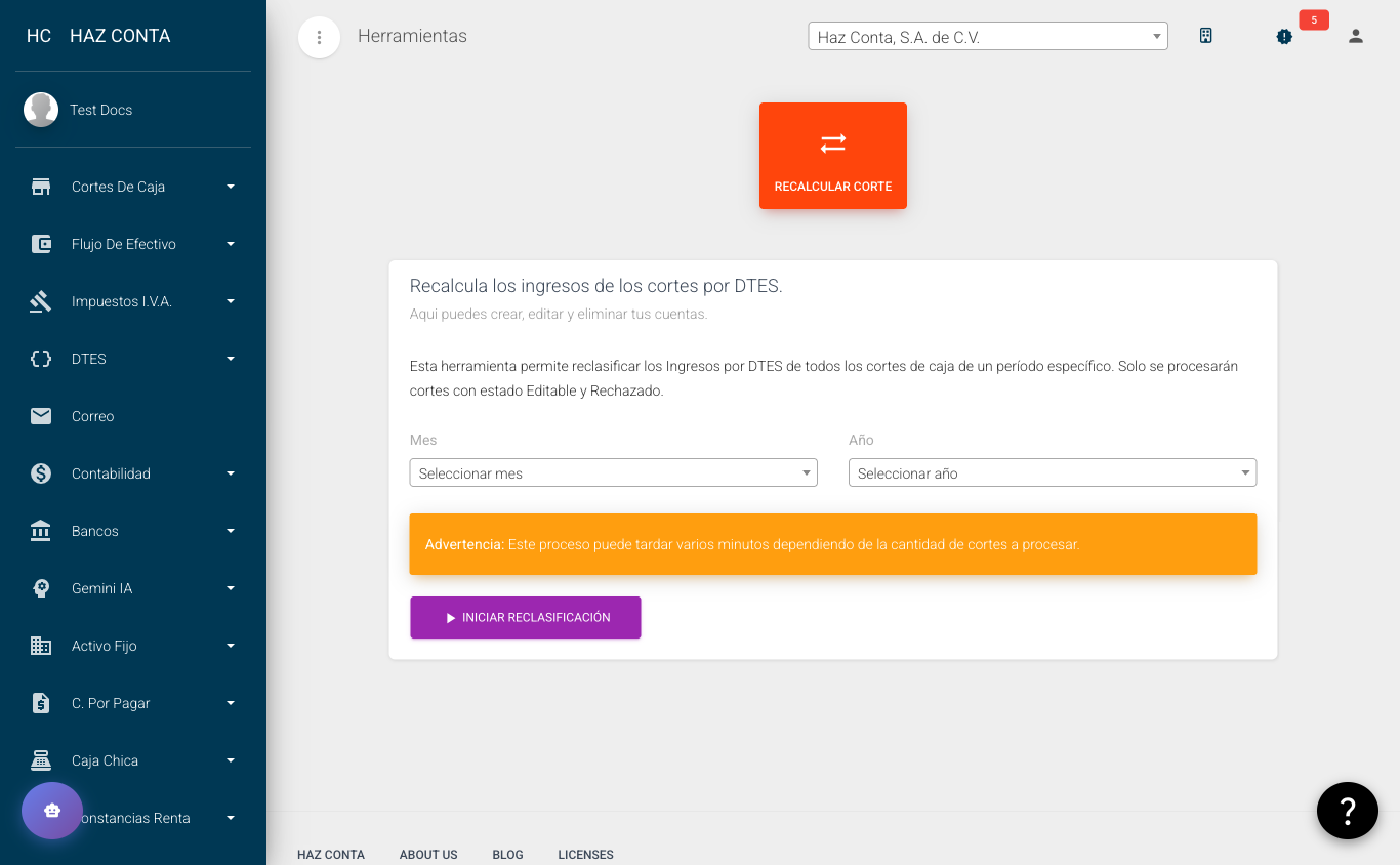 Herramientas - Recalcular Corte con selectores de mes/año y botón de iniciar