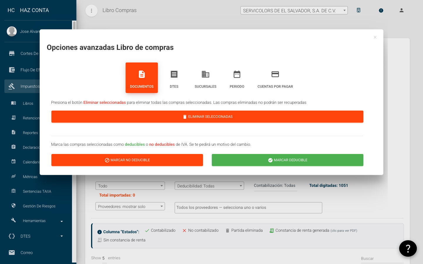 Modal de opciones avanzadas