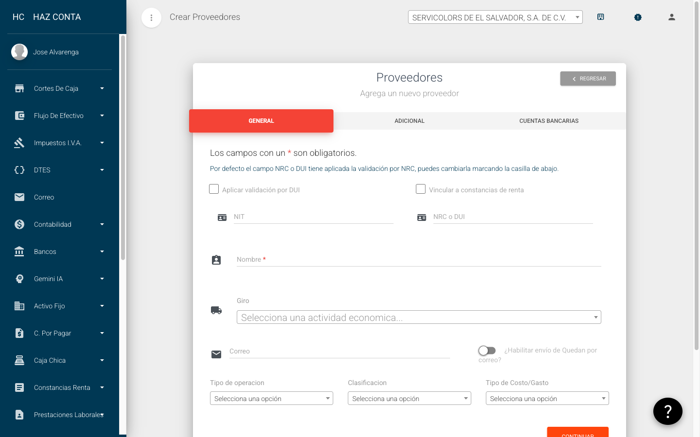 Formulario de creación de proveedor