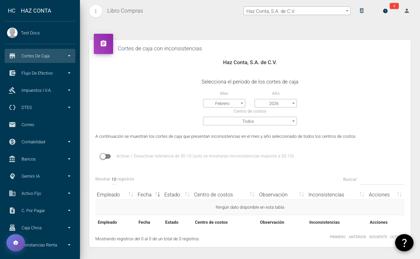 Inconsistencias - filtros de período, tolerancia y tabla de resultados