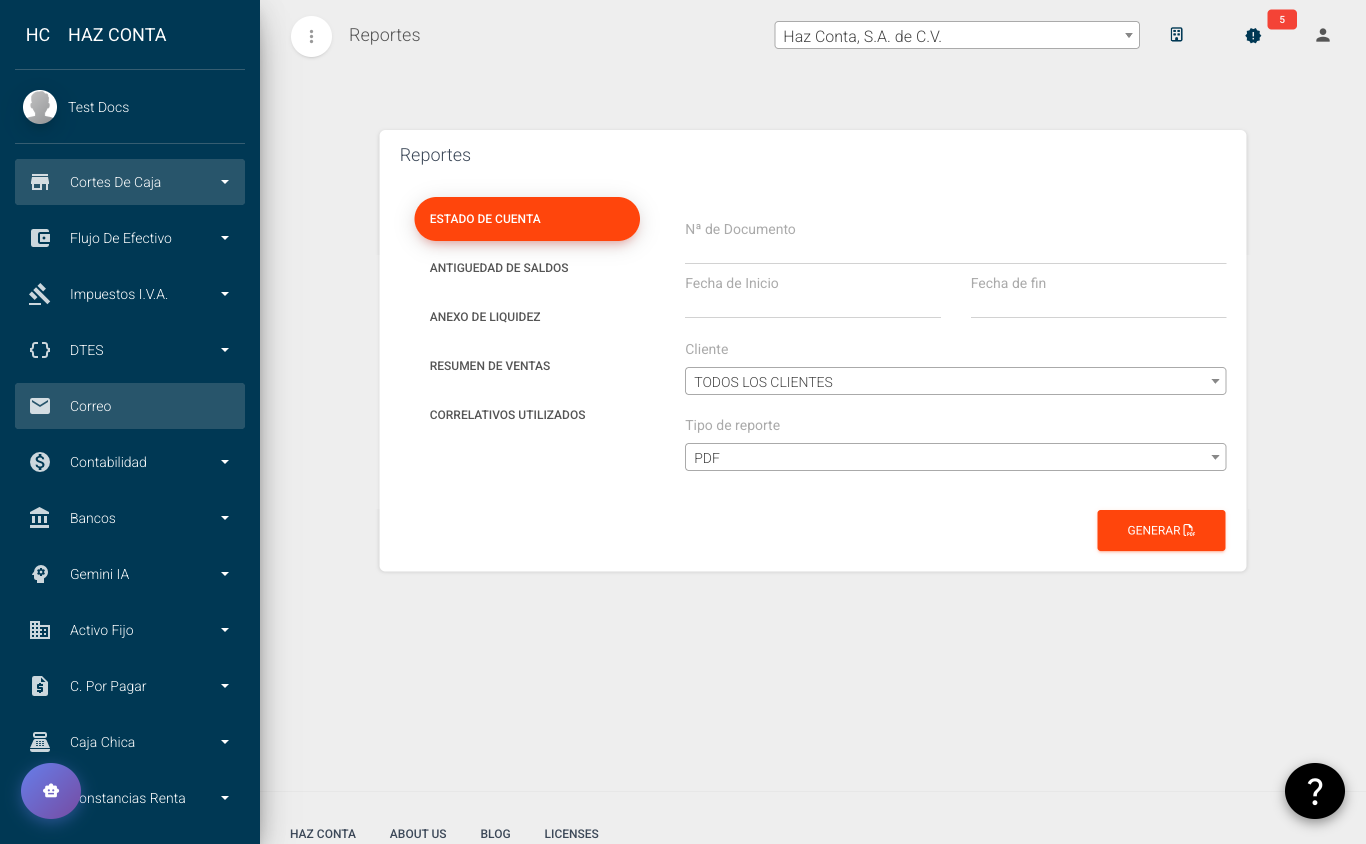 Reportes - pestañas laterales y formulario de generación