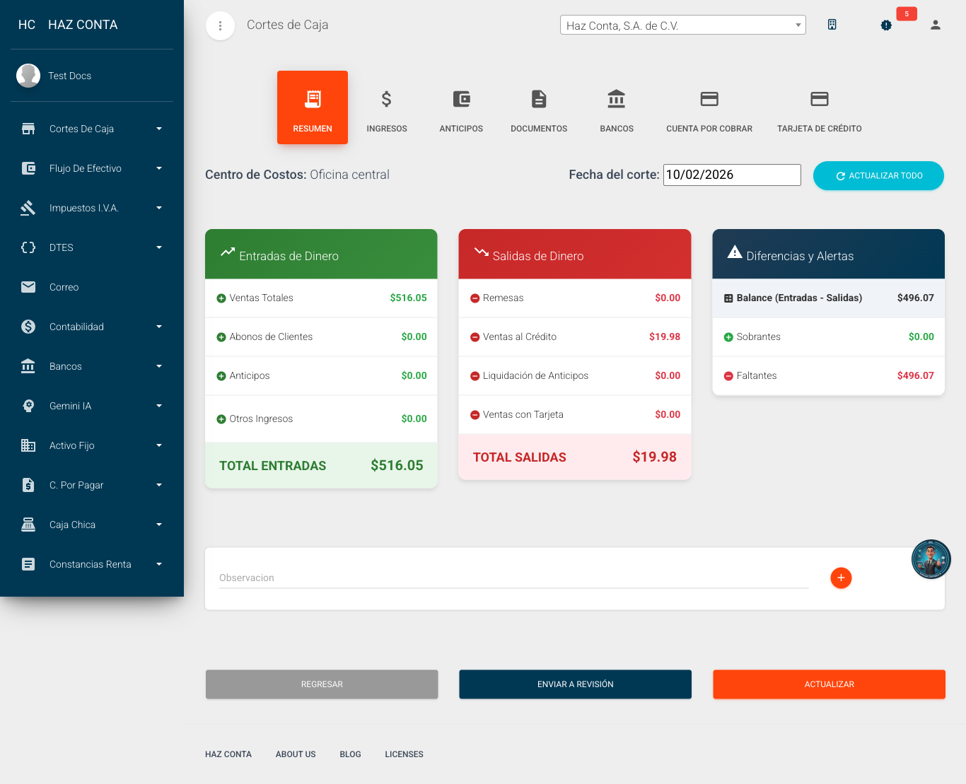 Resumen del corte - entradas, salidas y diferencias