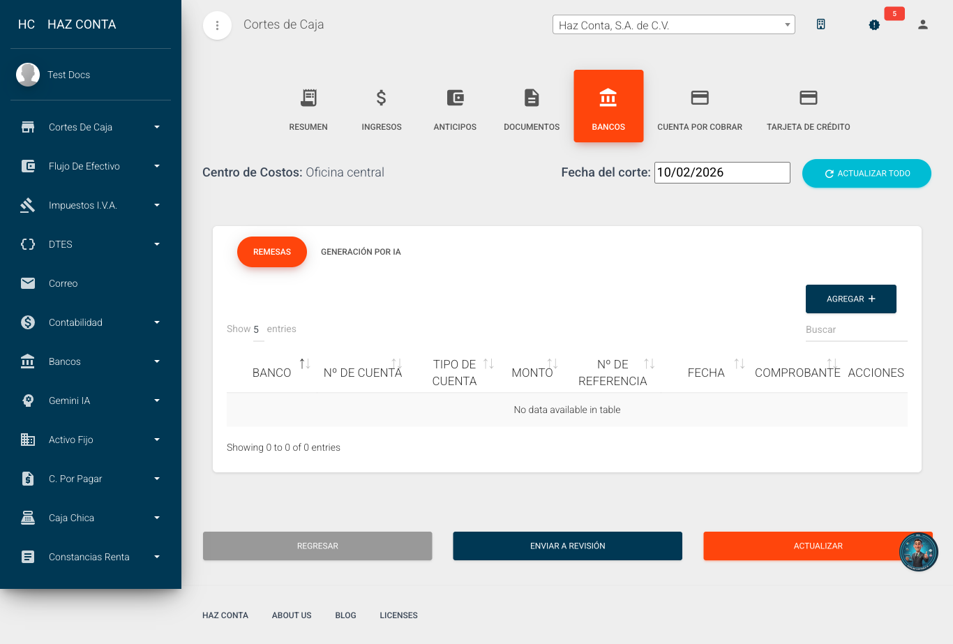 Bancos - tabla de remesas con banco, cuenta, monto y comprobante