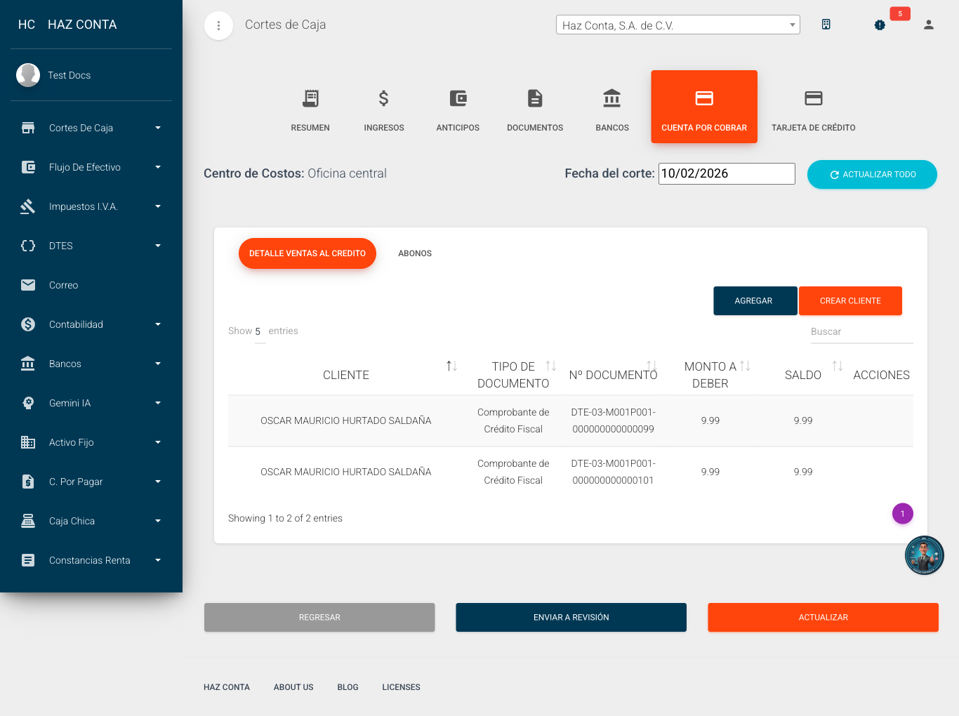 Cuenta por Cobrar - detalle de ventas al crédito con cliente, documento y saldo