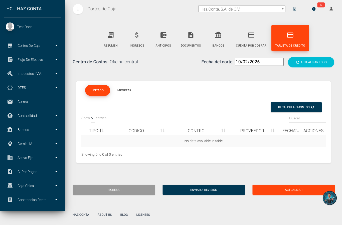 Tarjeta de Crédito - listado con tipo, código, control, proveedor y fecha