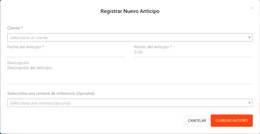 Modal Registrar Nuevo Anticipo