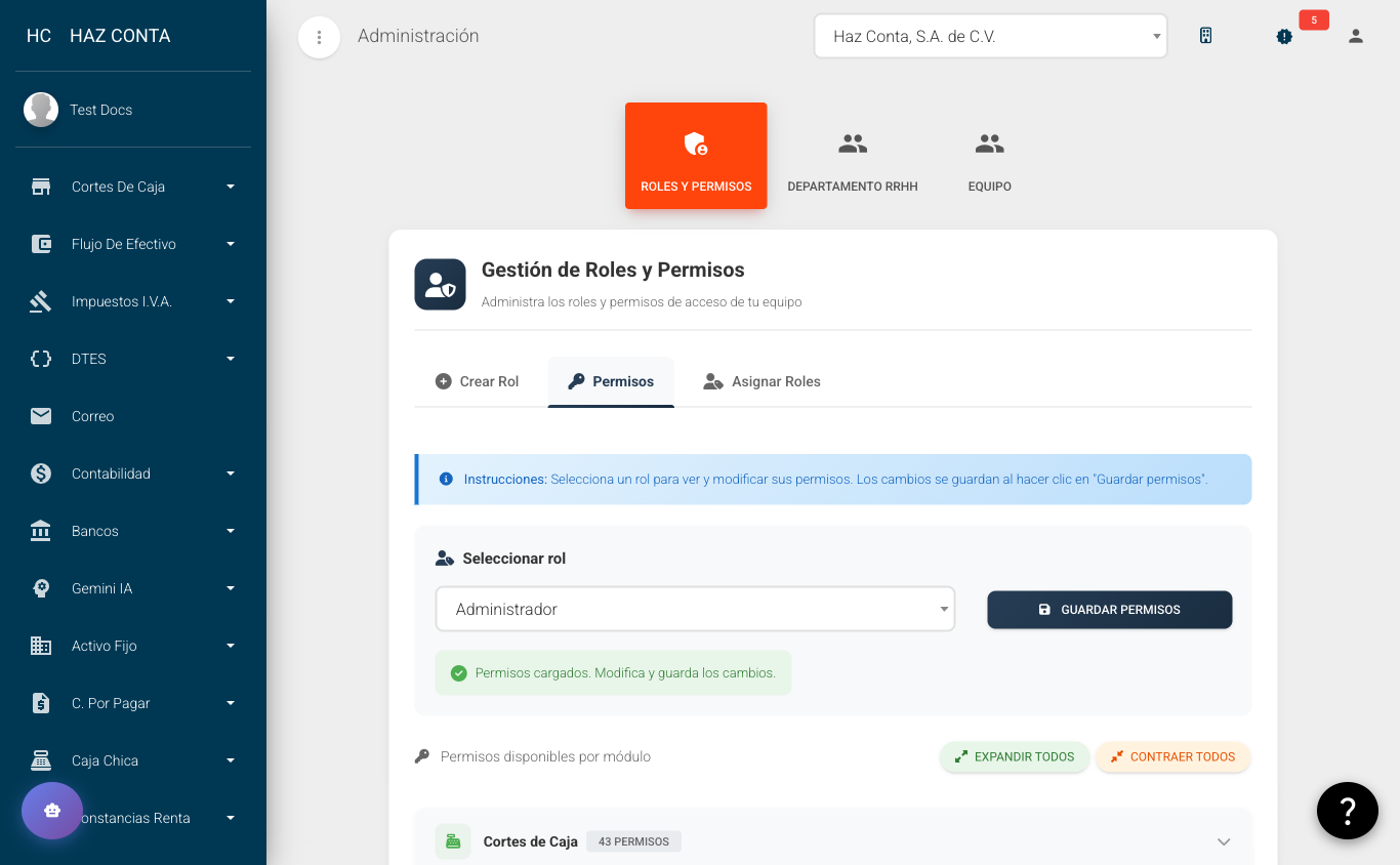 Gestión de Roles y Permisos - vista general con pestañas Crear Rol, Permisos y Asignar Roles