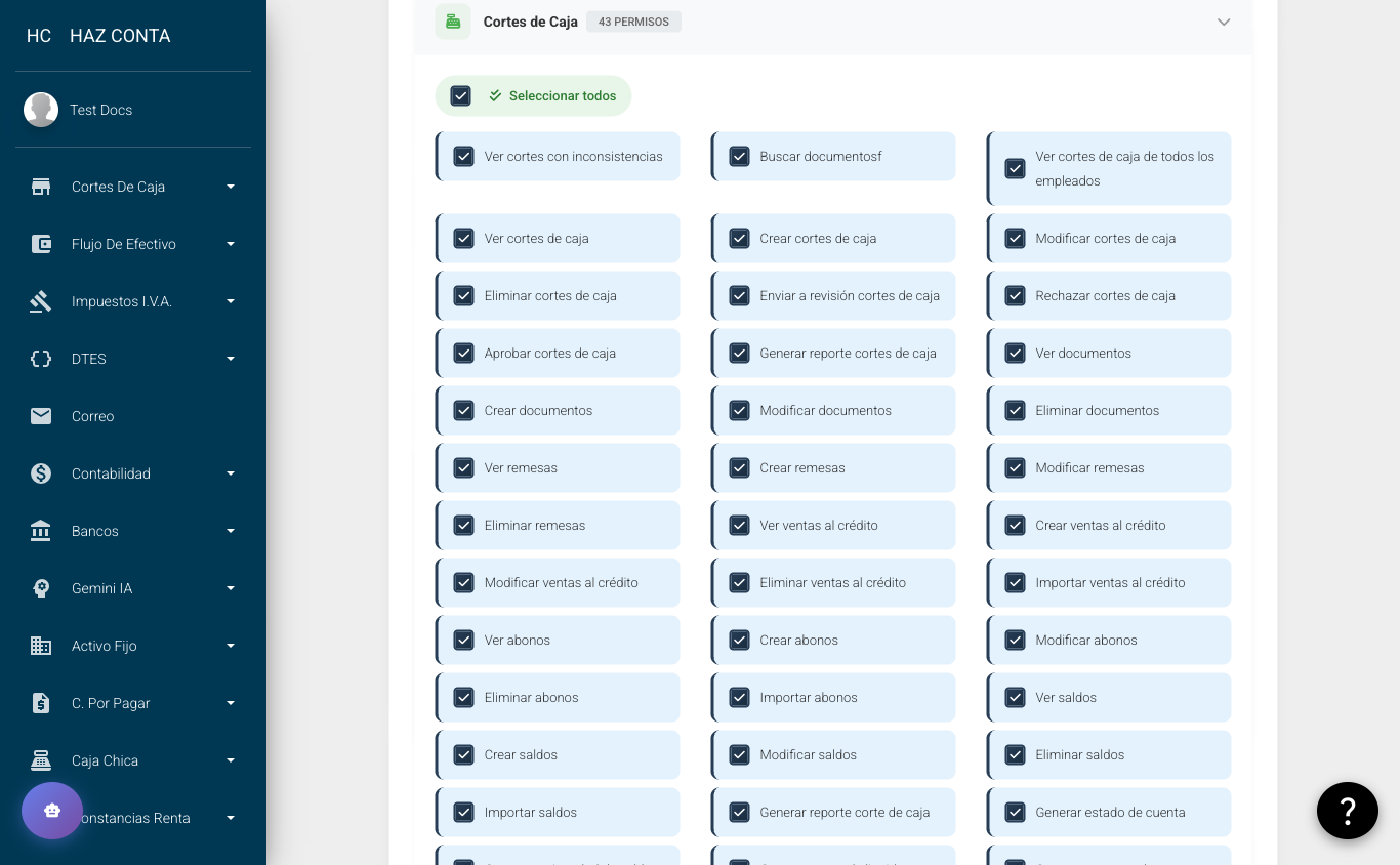 Permisos de Cortes de Caja - checkboxes organizados por categoría