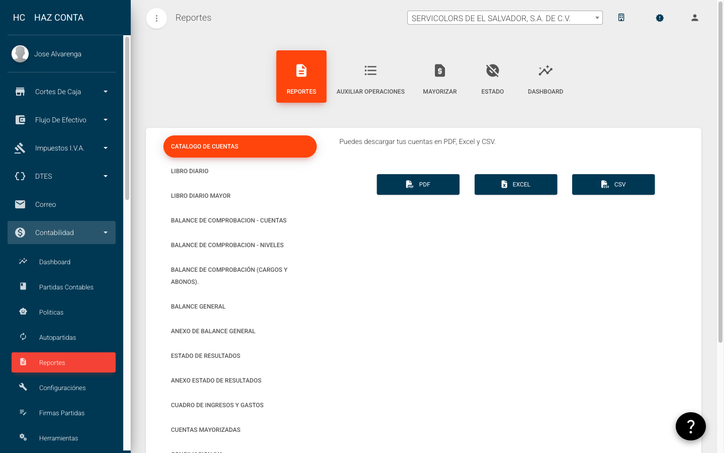 Menú de reportes de contabilidad