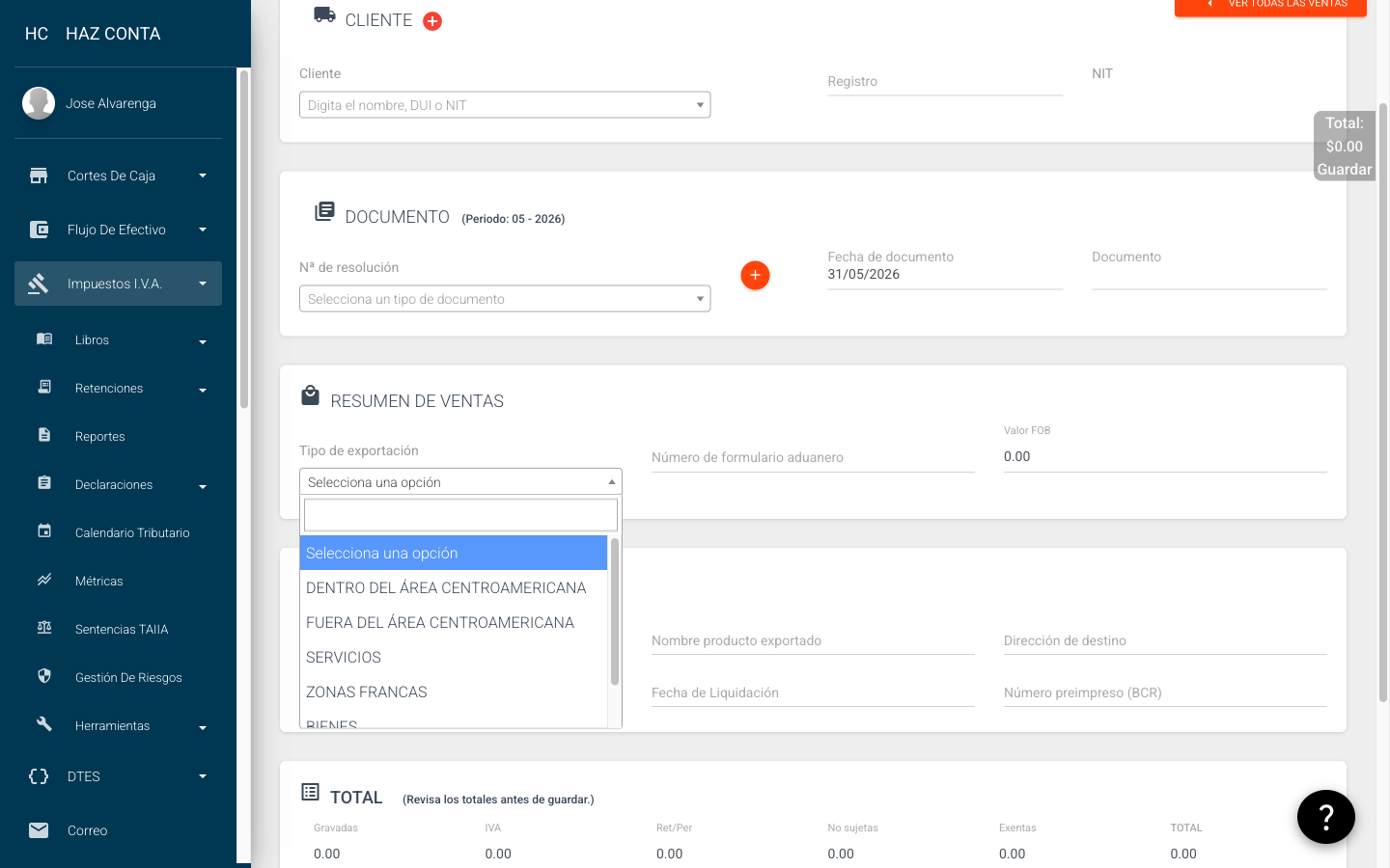 Selector de tipo de exportación
