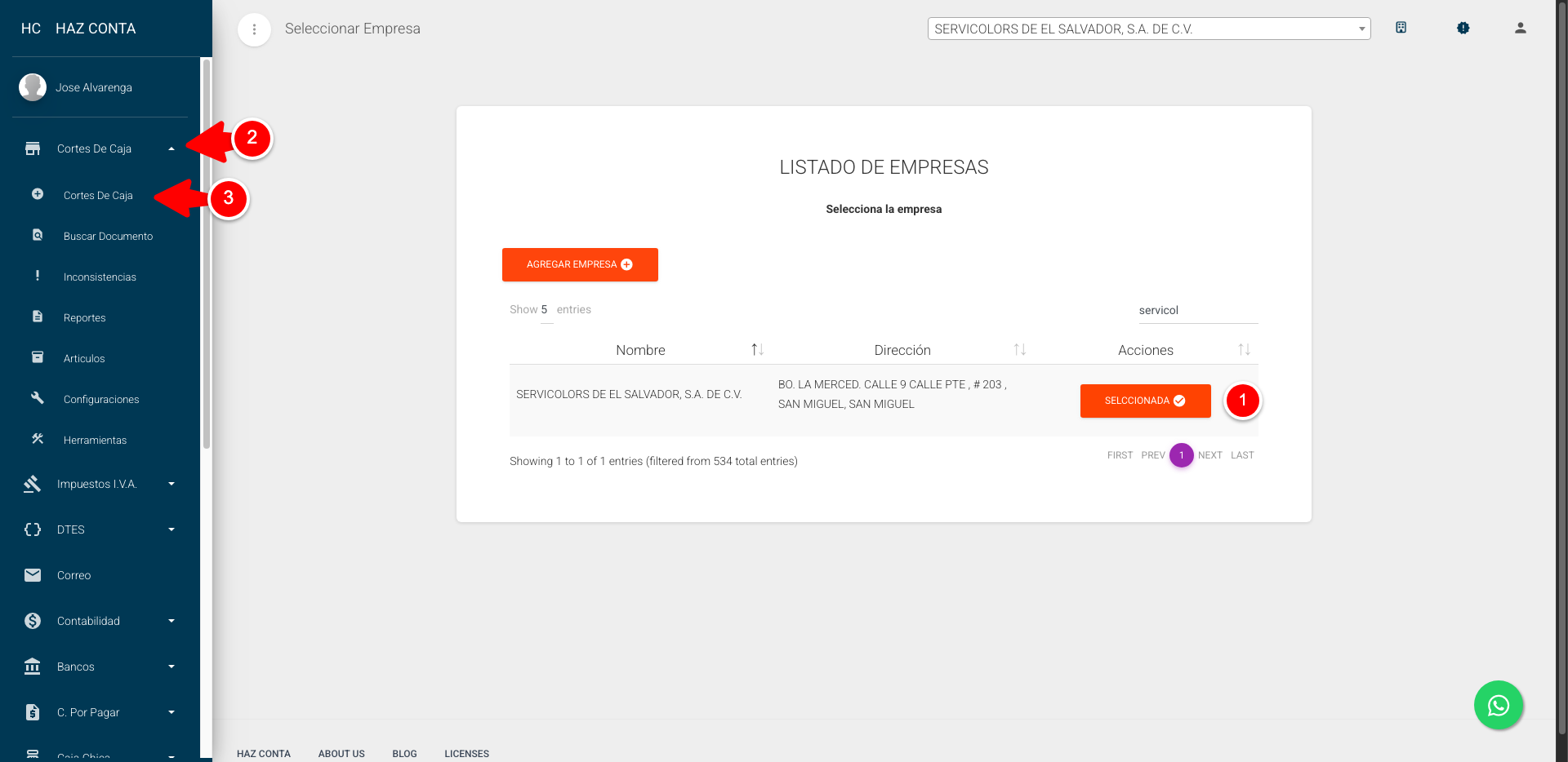 Menú de cortes de caja